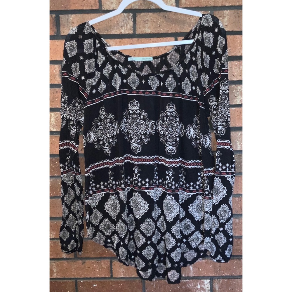 Maurices Womens Large Black‎ Medallion Print Long Sleeve Boho Scoop Neck Top L